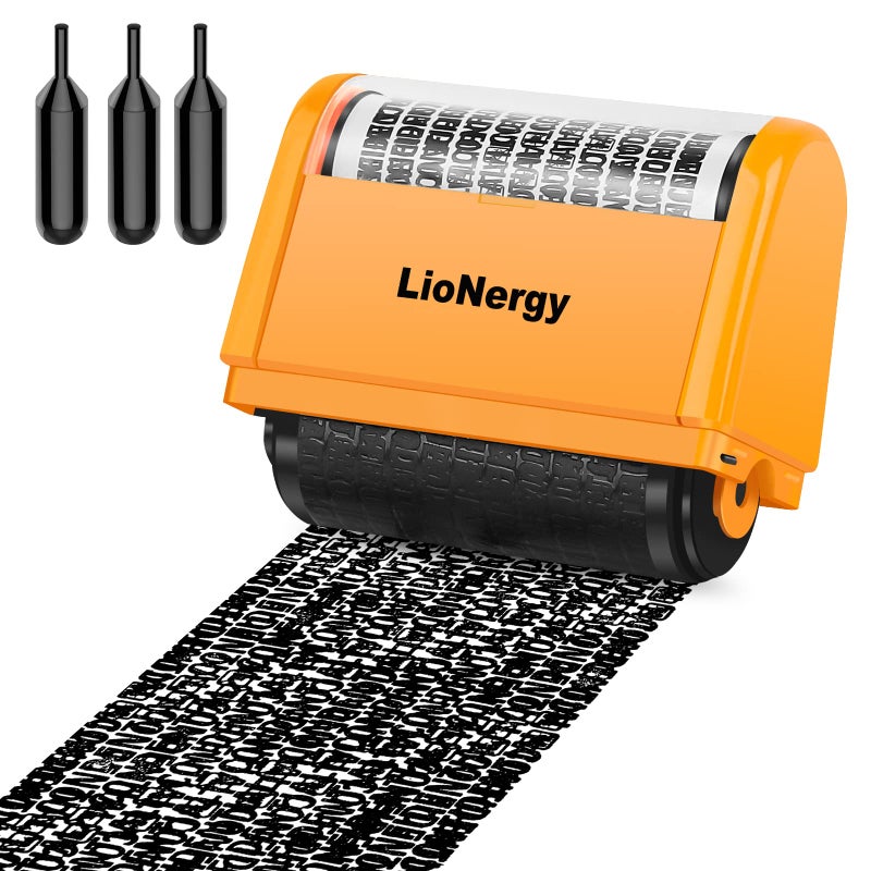 Lionergy Identity Protection Roller Stamp LioNergy Extra Large Roller Identity Theft Prevention Security Stamp with 3 Refills  10PCS Personalise Vinyl Waterproof Stickers -Orange Yellow - Image 1